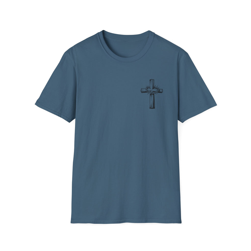 Cross Lion and Jesus Back Print T-Shirt — Wood Cross Chest Christian Faith Graphic