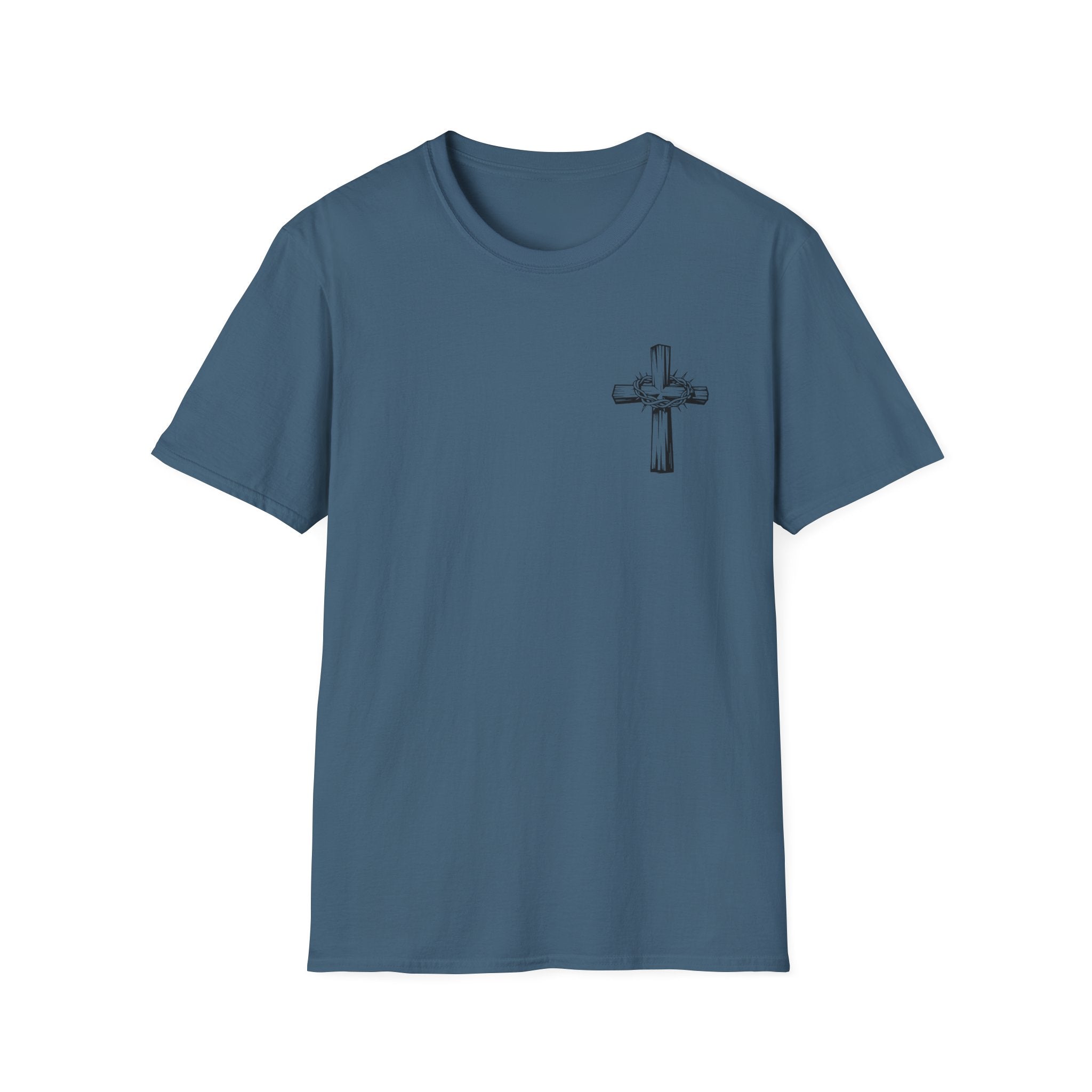 Cross Lion and Jesus Back Print T-Shirt — Wood Cross Chest Christian Faith Graphic