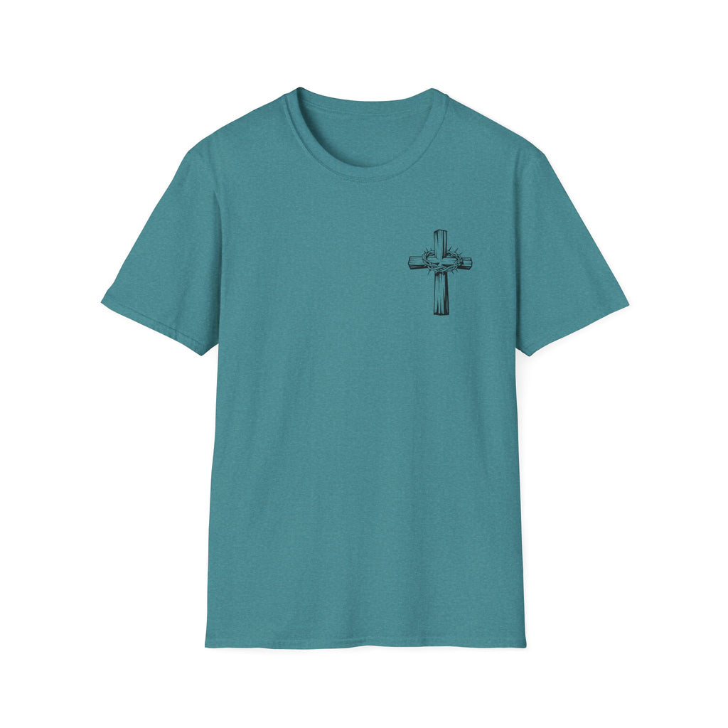Cross Lion and Jesus Back Print T-Shirt — Wood Cross Chest Christian Faith Graphic