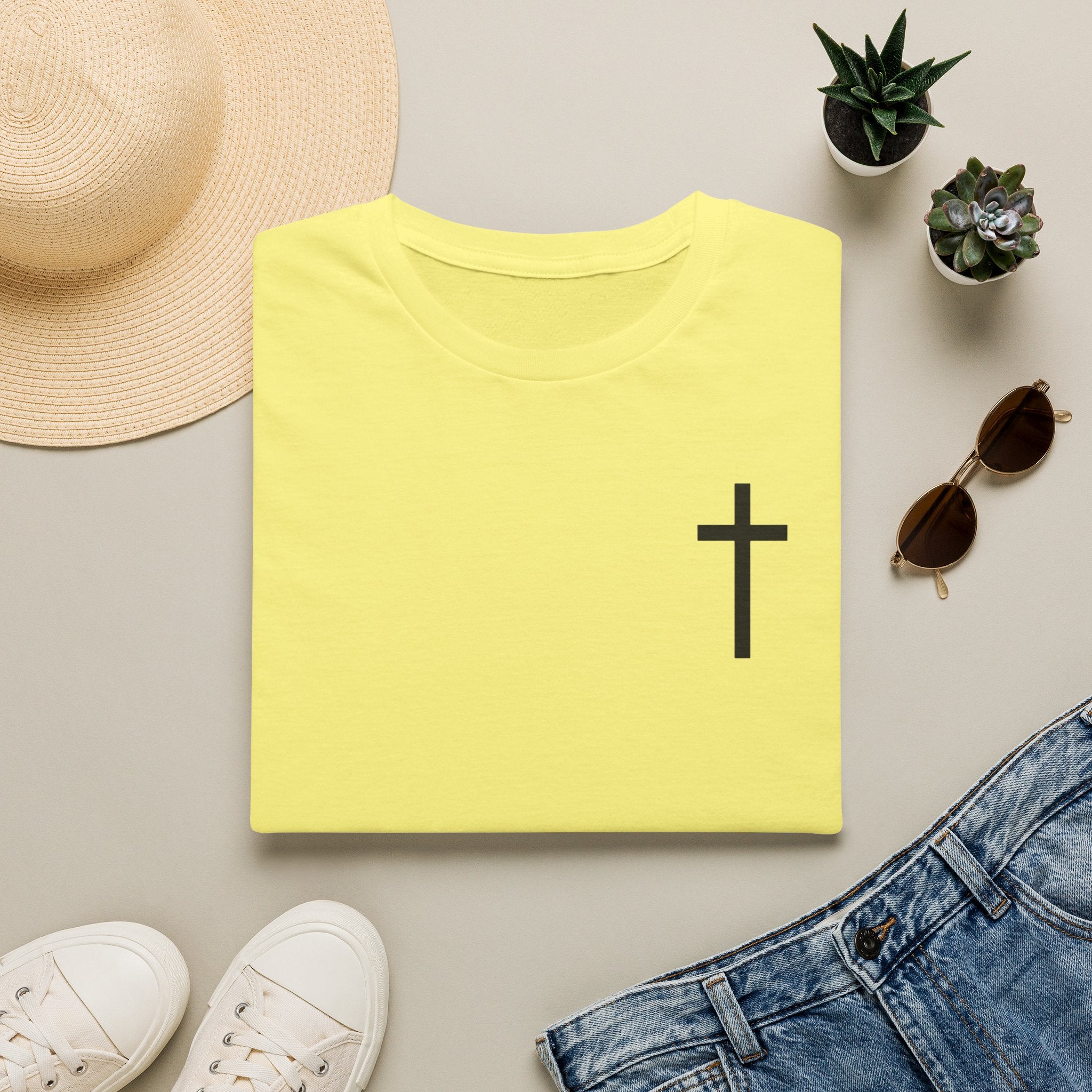 Man of Faith Rooted in Christ T-Shirt — Christian Gift for Him Flag & Cross Back Print Graphic Tee