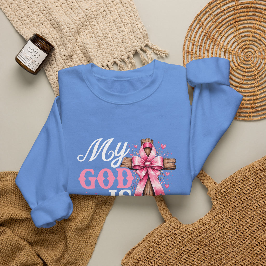 My God Is Bigger Than Cancer Breast Cancer Awareness Crewneck Sweatshirt