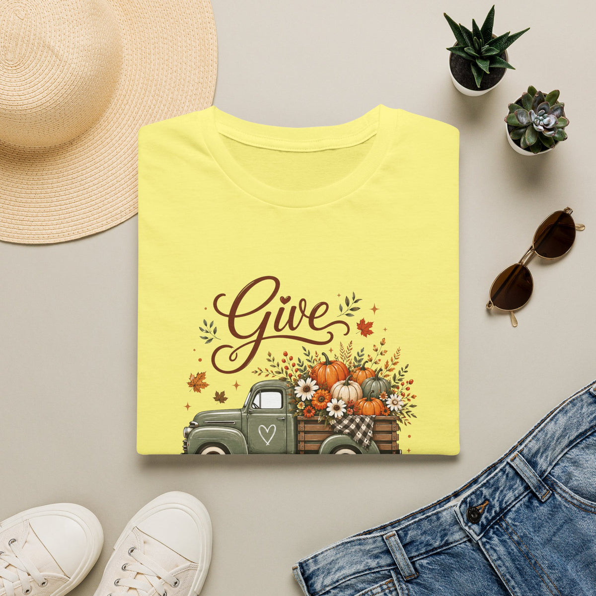 Give Thanks Fall Truck T-Shirt — Pumpkin Harvest Autumn Tee