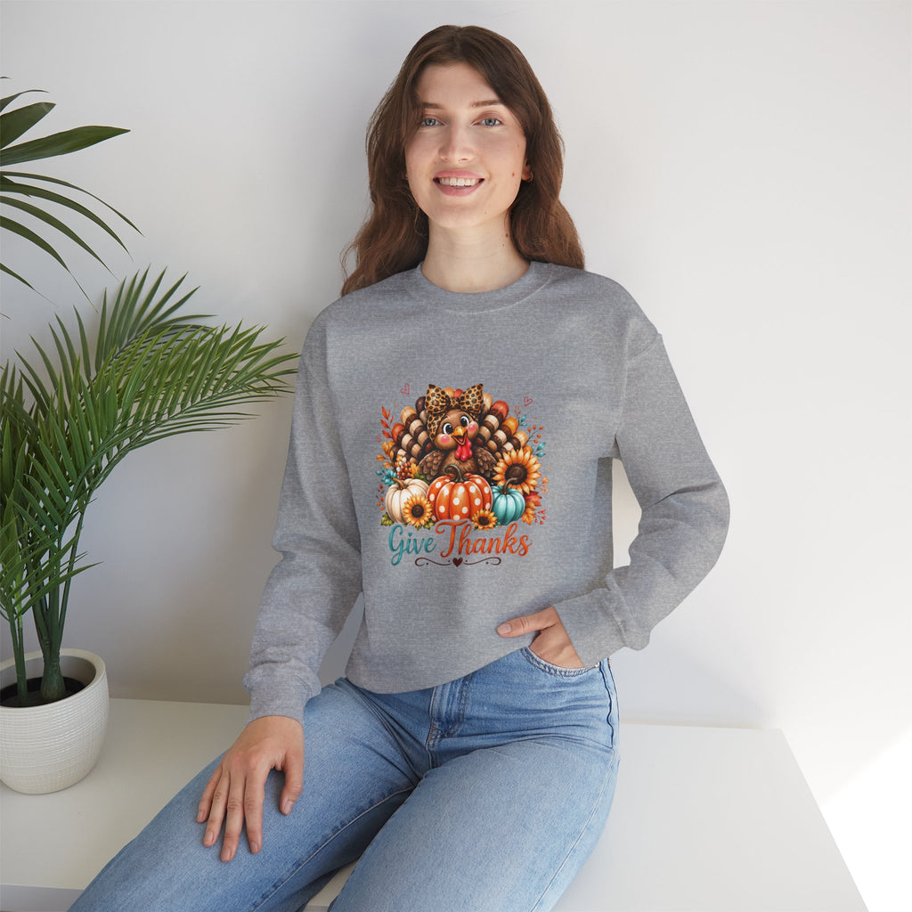 Sweatshirt — "Give Thanks" Autumn Turkey & Pumpkin Thanksgiving Crewneck