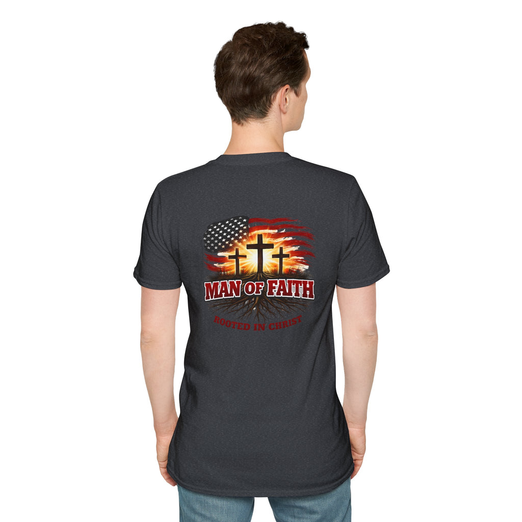 Man of Faith Rooted in Christ T-Shirt — Christian Gift for Him Flag & Cross Back Print Graphic Tee