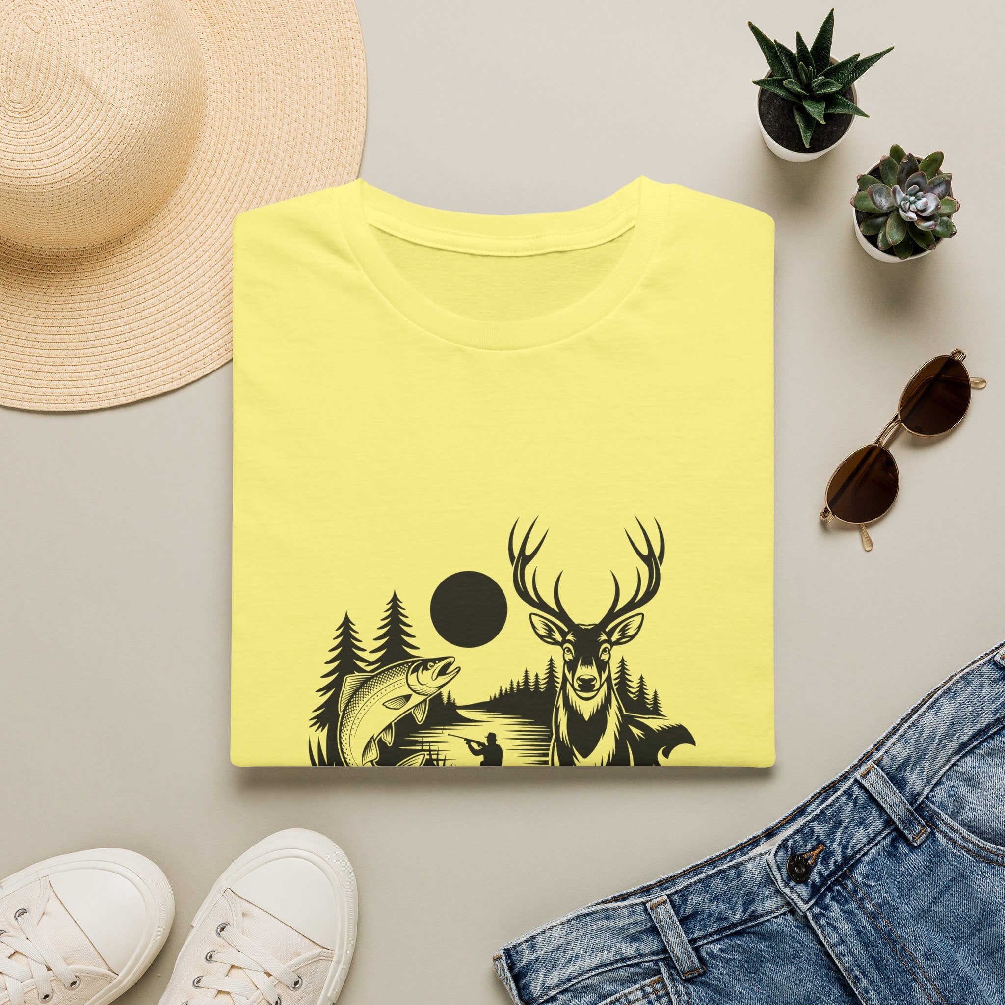 Deer & Fish Forest Silhouette T-Shirt — Rustic Outdoor Gift for Hunters Graphic Tee