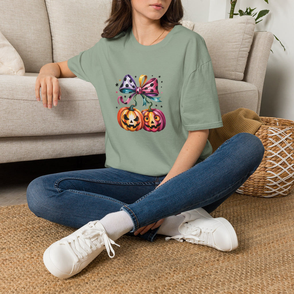 Halloween Pumpkin Bow T-Shirt — Cute Colorful Gift for Women Jack-O'-Lantern Tee