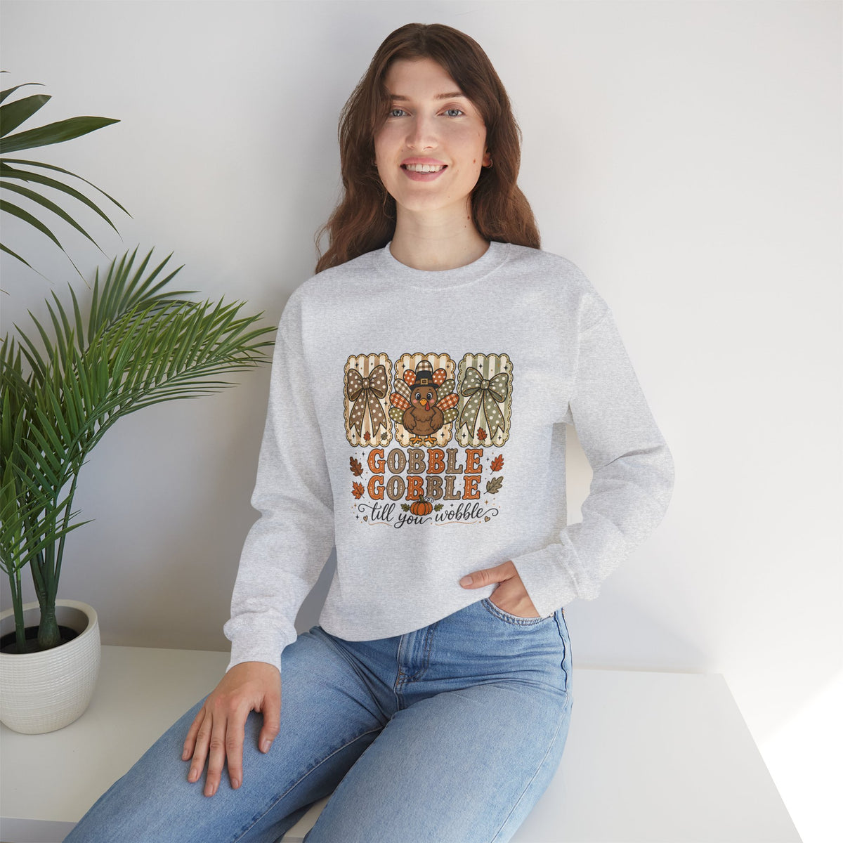 Thanksgiving Crewneck Sweatshirt — "Gobble Gobble 'til You Wobble" Turkey Design