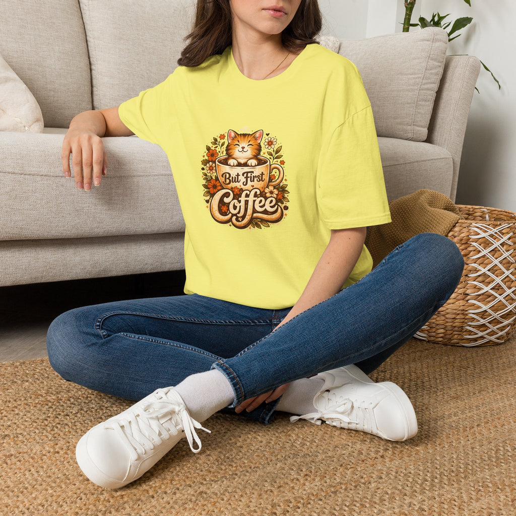 But First Coffee Cat T-Shirt — Cute Floral Gift for Coffee Lovers Women's Tee