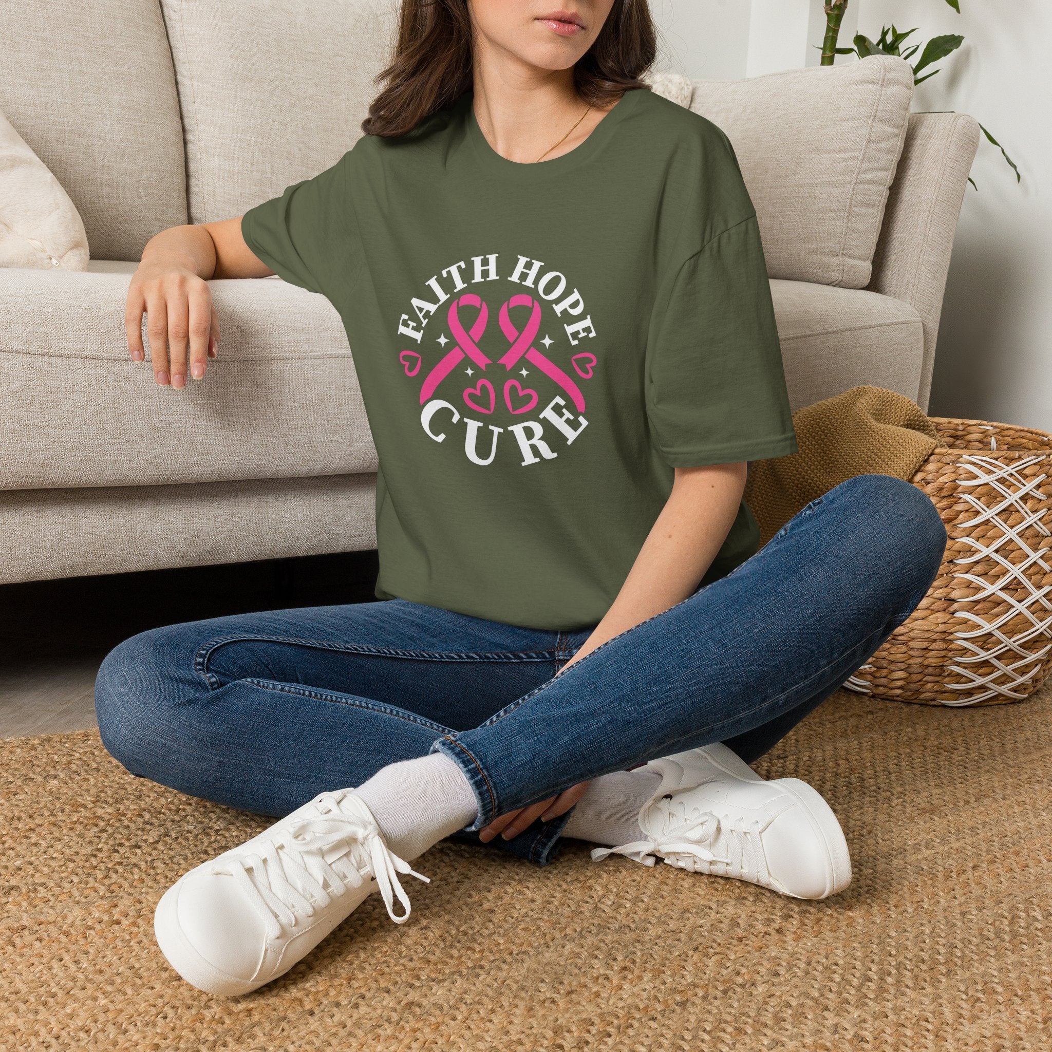 Faith Hope Cure Breast Cancer Awareness T-Shirt — Pink Ribbon Gift for Her Support Graphic Tee