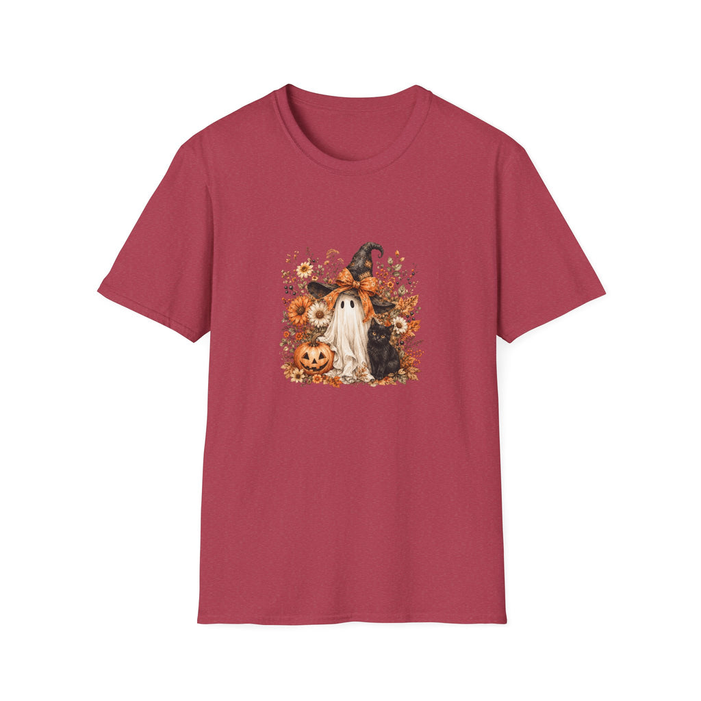 Halloween Witch Ghost & Cat T-Shirt — Cute Spooky Gift for Women Fall Floral Tee