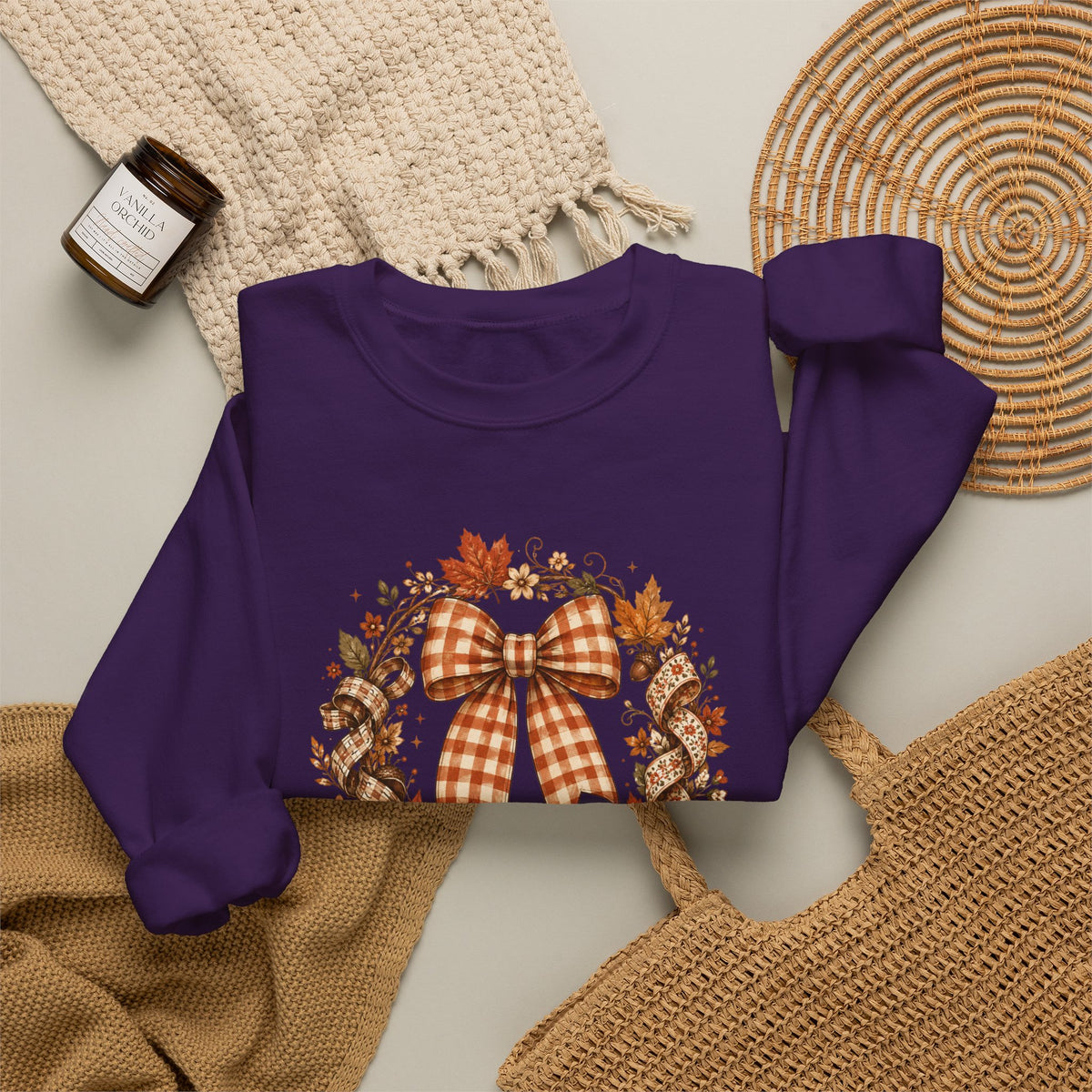 Cozy Autumn Plaid Bow Wreath Crewneck Sweatshirt