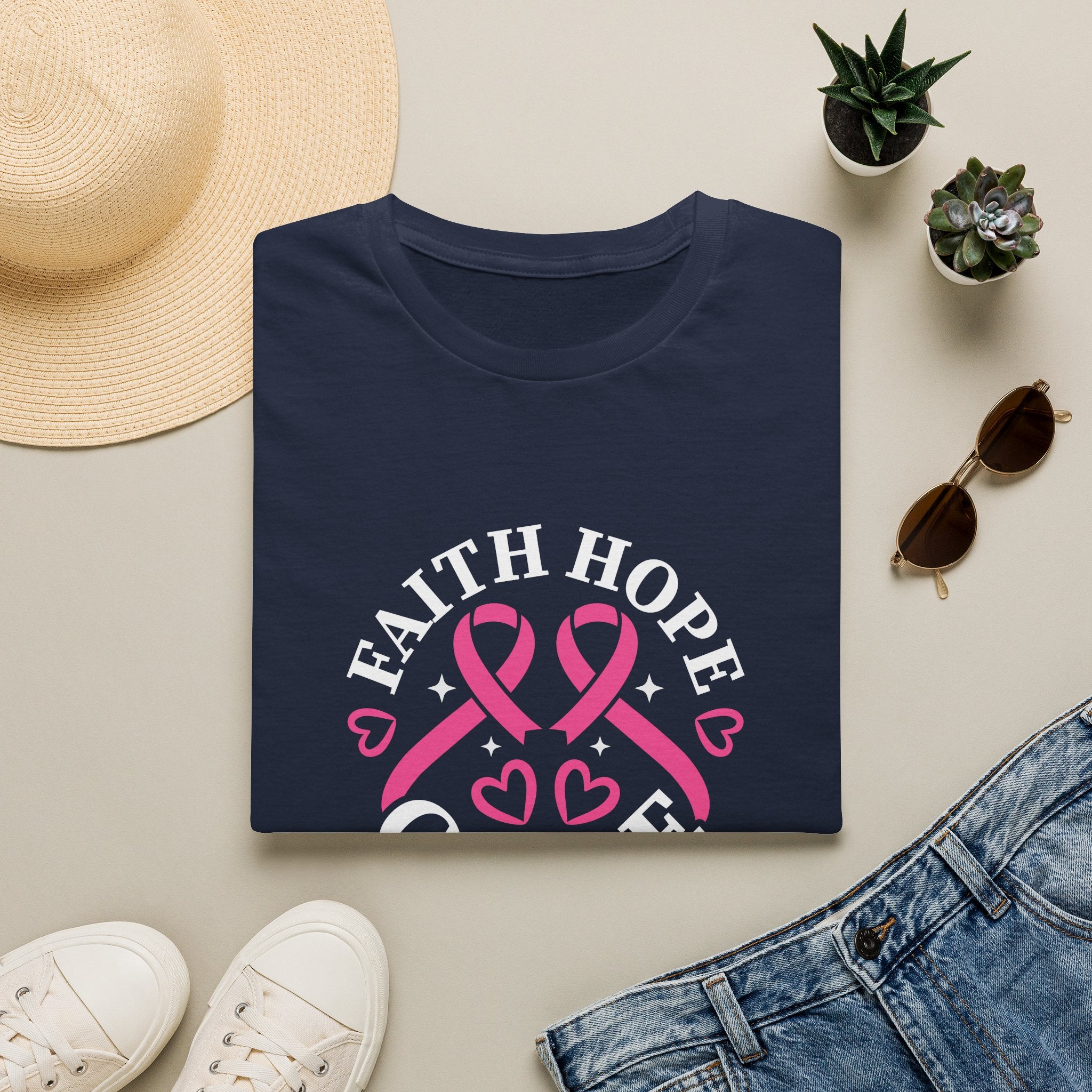 Faith Hope Cure Breast Cancer Awareness T-Shirt — Pink Ribbon Gift for Her Support Graphic Tee