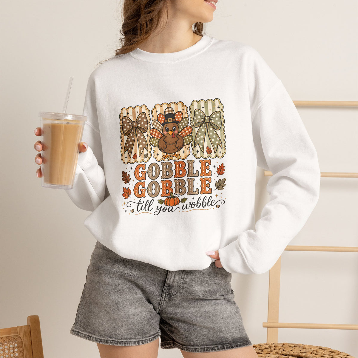 Thanksgiving Crewneck Sweatshirt — "Gobble Gobble 'til You Wobble" Turkey Design