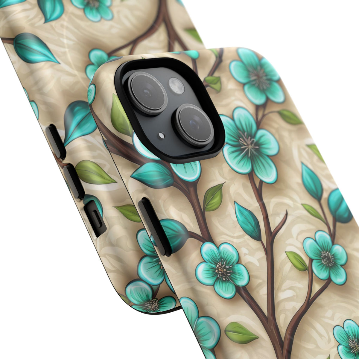 Floral Teal Blossom Tough Magnetic iPhone Case — MagSafe Protective Cover