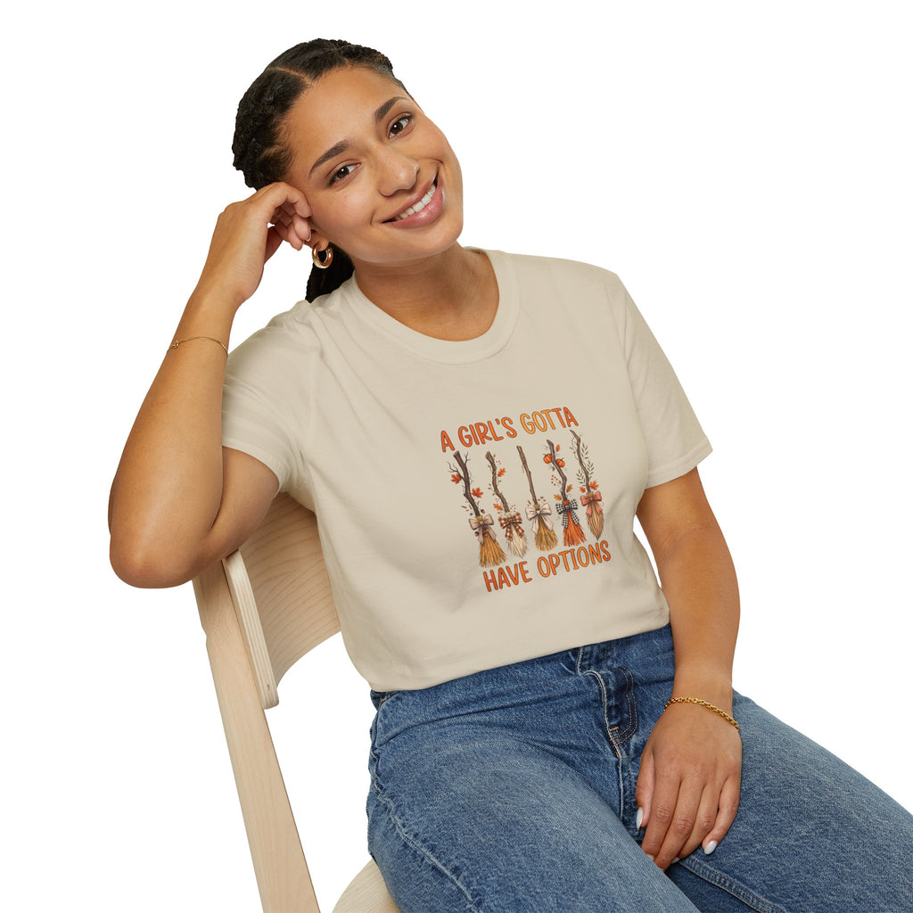 A Girl's Gotta Have Options Witch Brooms T-Shirt — Funny Halloween Gift for Women