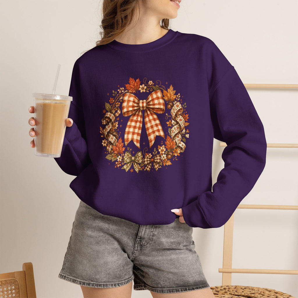 Cozy Autumn Plaid Bow Wreath Crewneck Sweatshirt