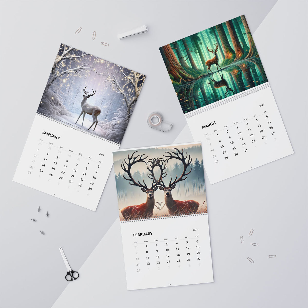 2027 Deer Art Wall Calendar — Scenic Forest & Moonlit Wildlife Monthly Planner
