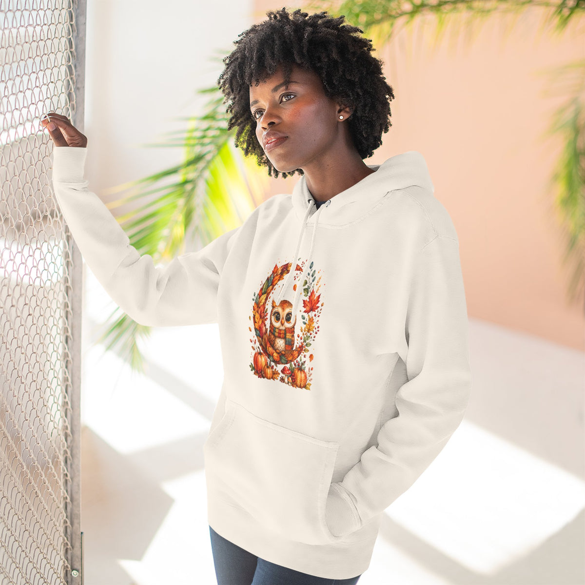 Cozy Autumn Owl Crescent Moon Embroidered Hoodie