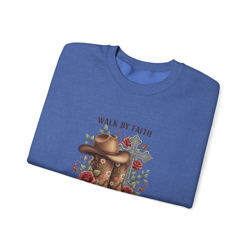 Faith Cowboy Boots Sweatshirt — "Walk by Faith, Even When You Cannot See" Christian Crewneck