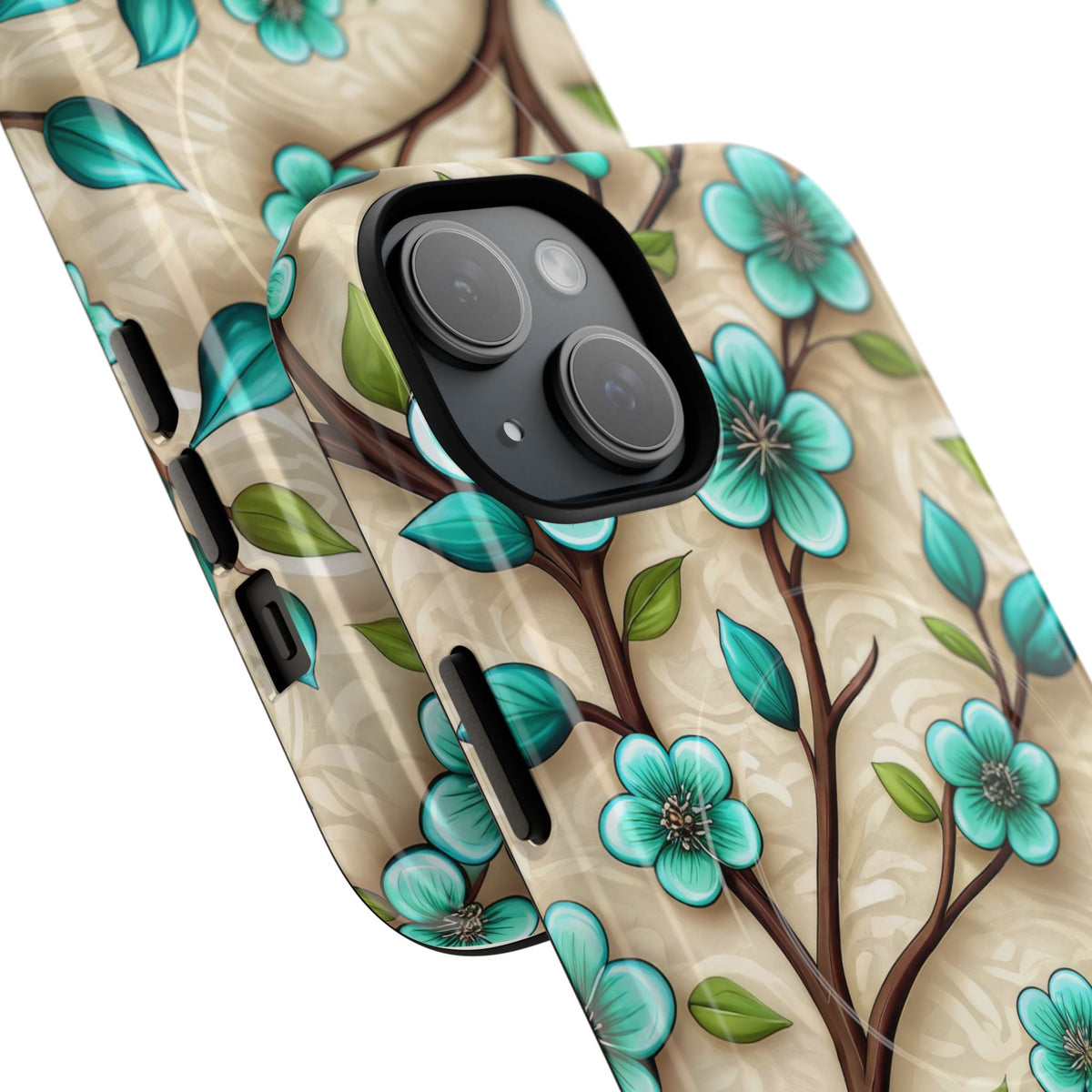 Floral Teal Blossom Tough Magnetic iPhone Case — MagSafe Protective Cover