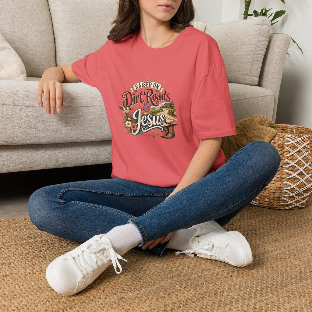 Raised on Dirt Roads & Jesus T-Shirt — Rustic Christian Gift for Women Faith Tee