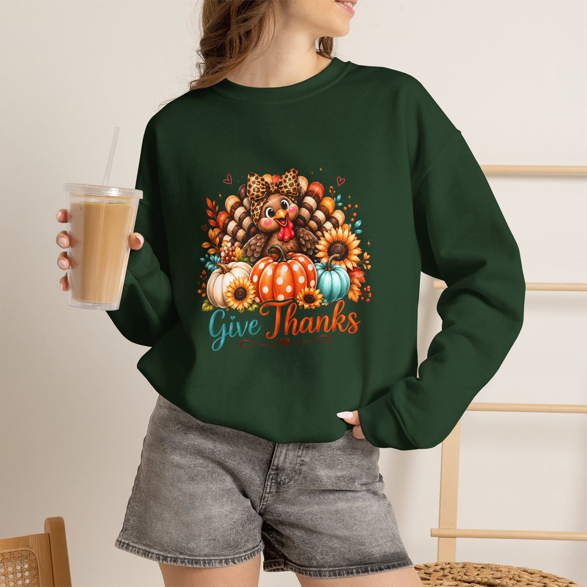 Sweatshirt — "Give Thanks" Autumn Turkey & Pumpkin Thanksgiving Crewneck