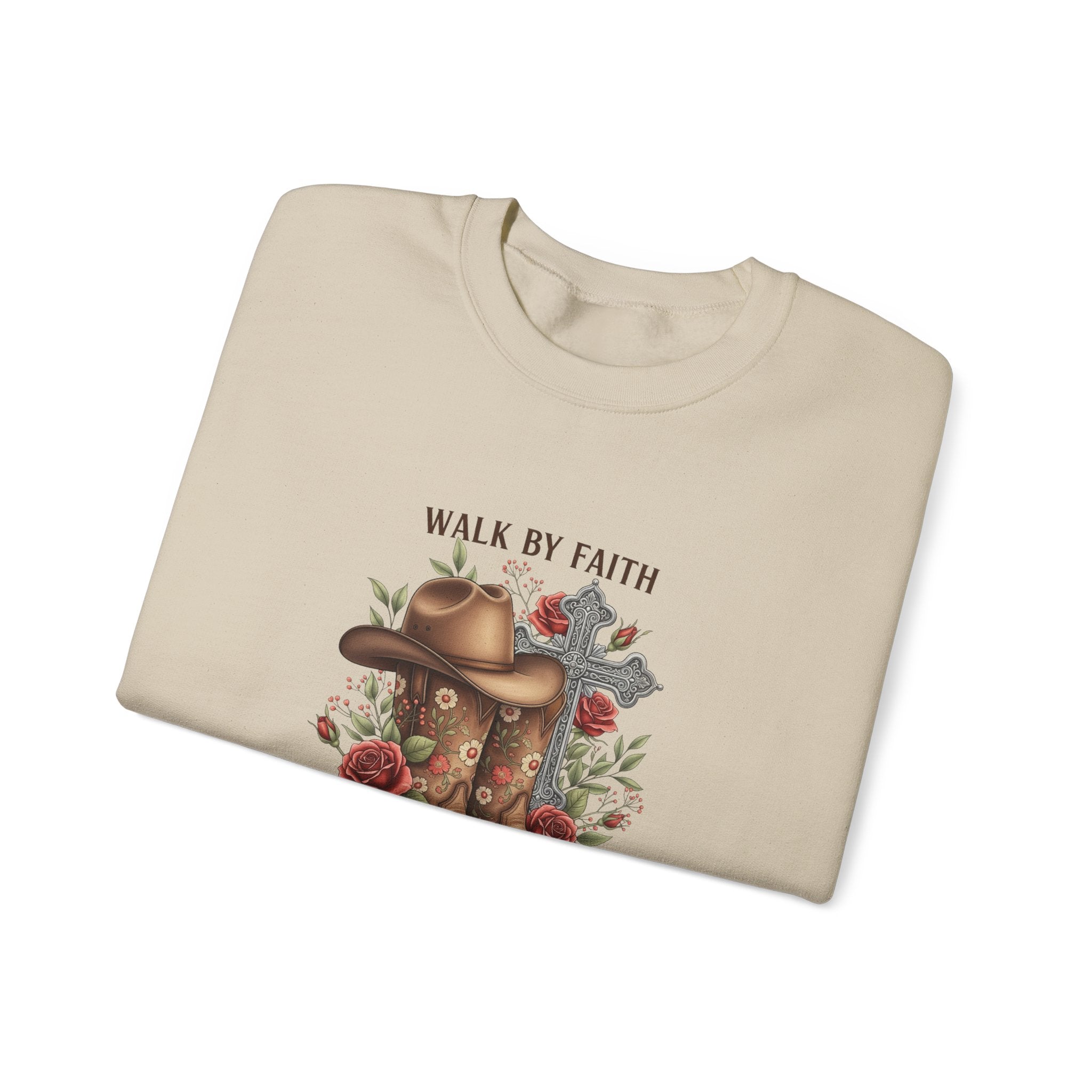 Faith Cowboy Boots Sweatshirt — "Walk by Faith, Even When You Cannot See" Christian Crewneck