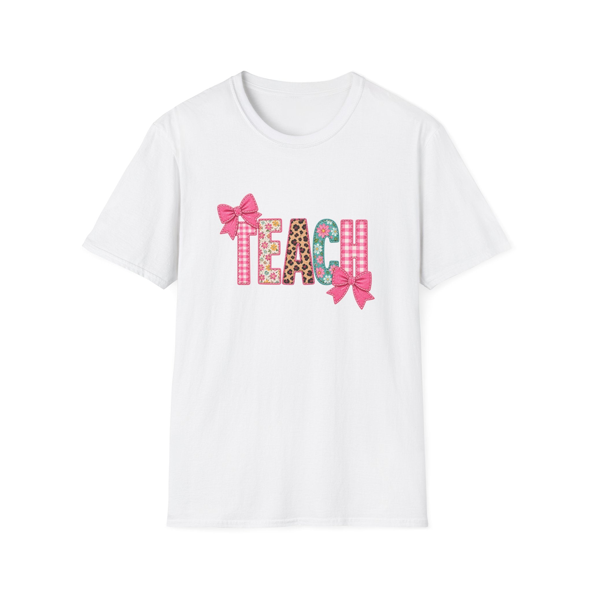 Floral Leopard TEACH T-Shirt — Cute Back-to-School Gift for Teachers Pink Bow Tee