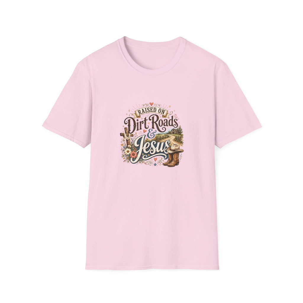 Raised on Dirt Roads & Jesus T-Shirt — Rustic Christian Gift for Women Faith Tee