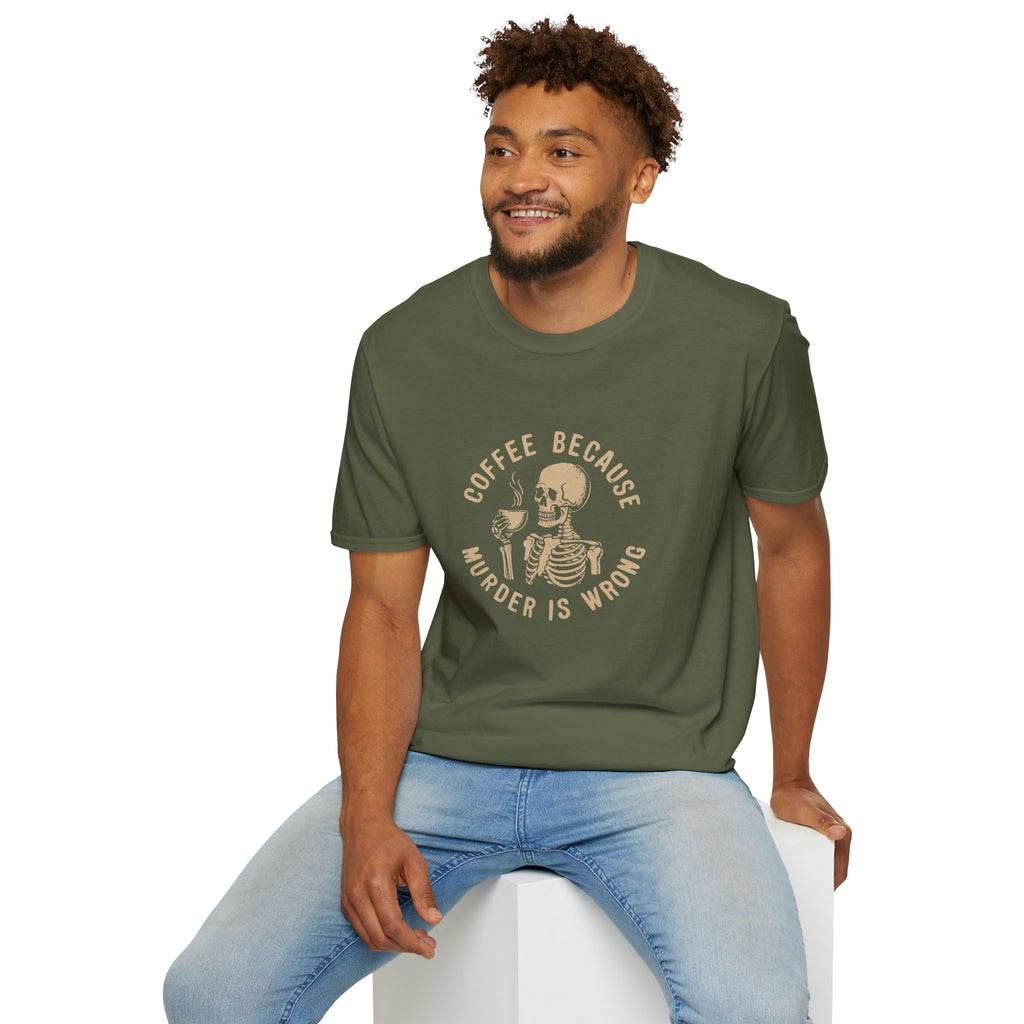 Coffee Because Murder Is Wrong Skull T-Shirt — Funny Dark Humor Gift for Her Graphic Tee