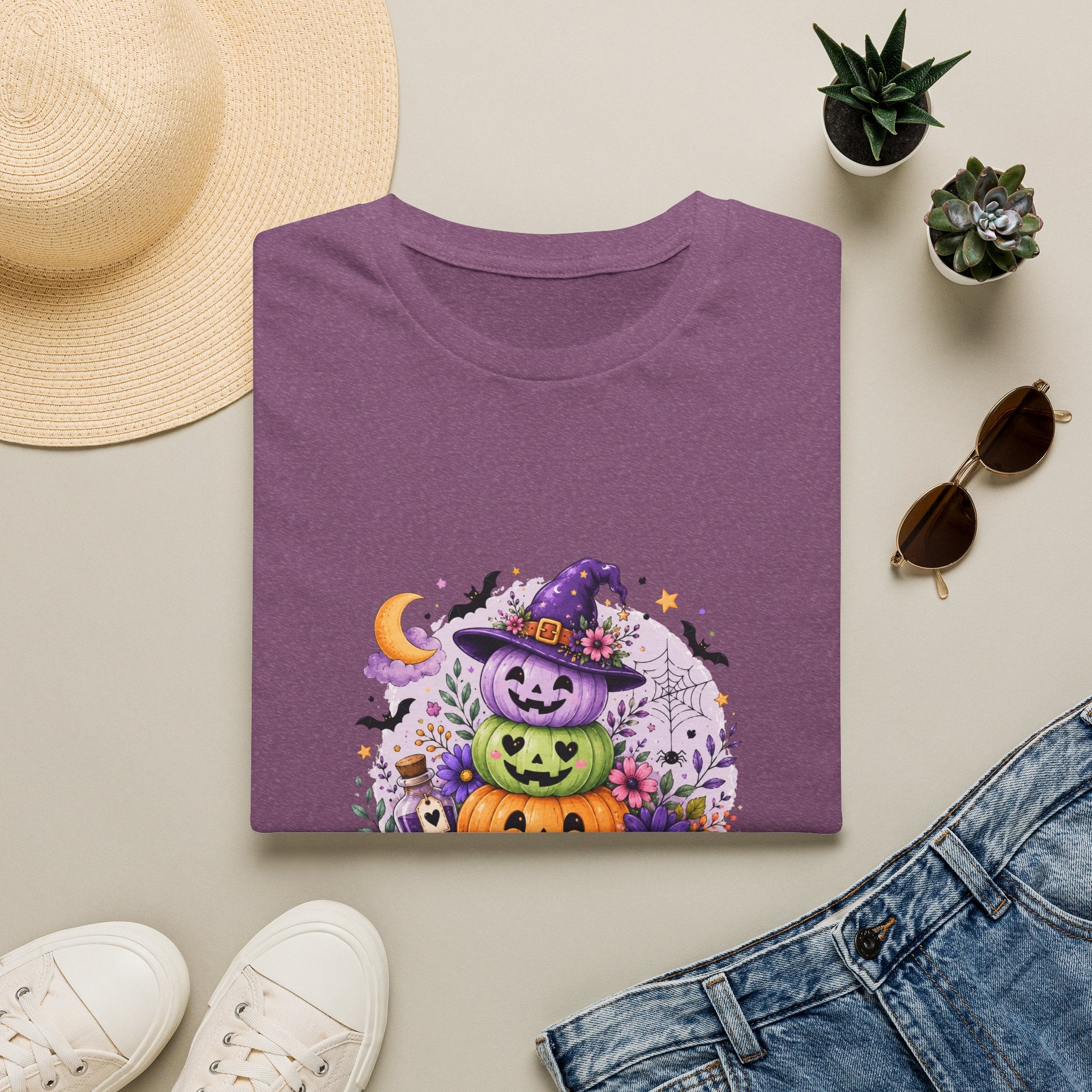 Spooky Season Pumpkin Stack T-Shirt — Cute Halloween Gift for Women Witch Hat Tee