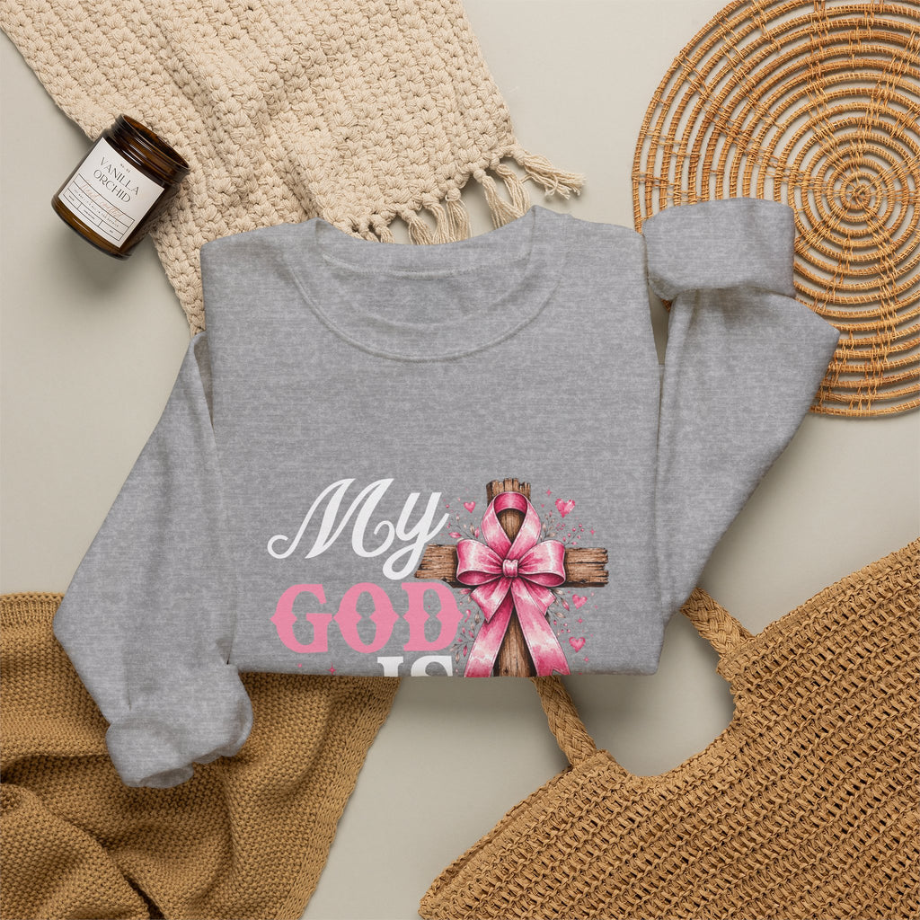 My God Is Bigger Than Cancer Breast Cancer Awareness Crewneck Sweatshirt