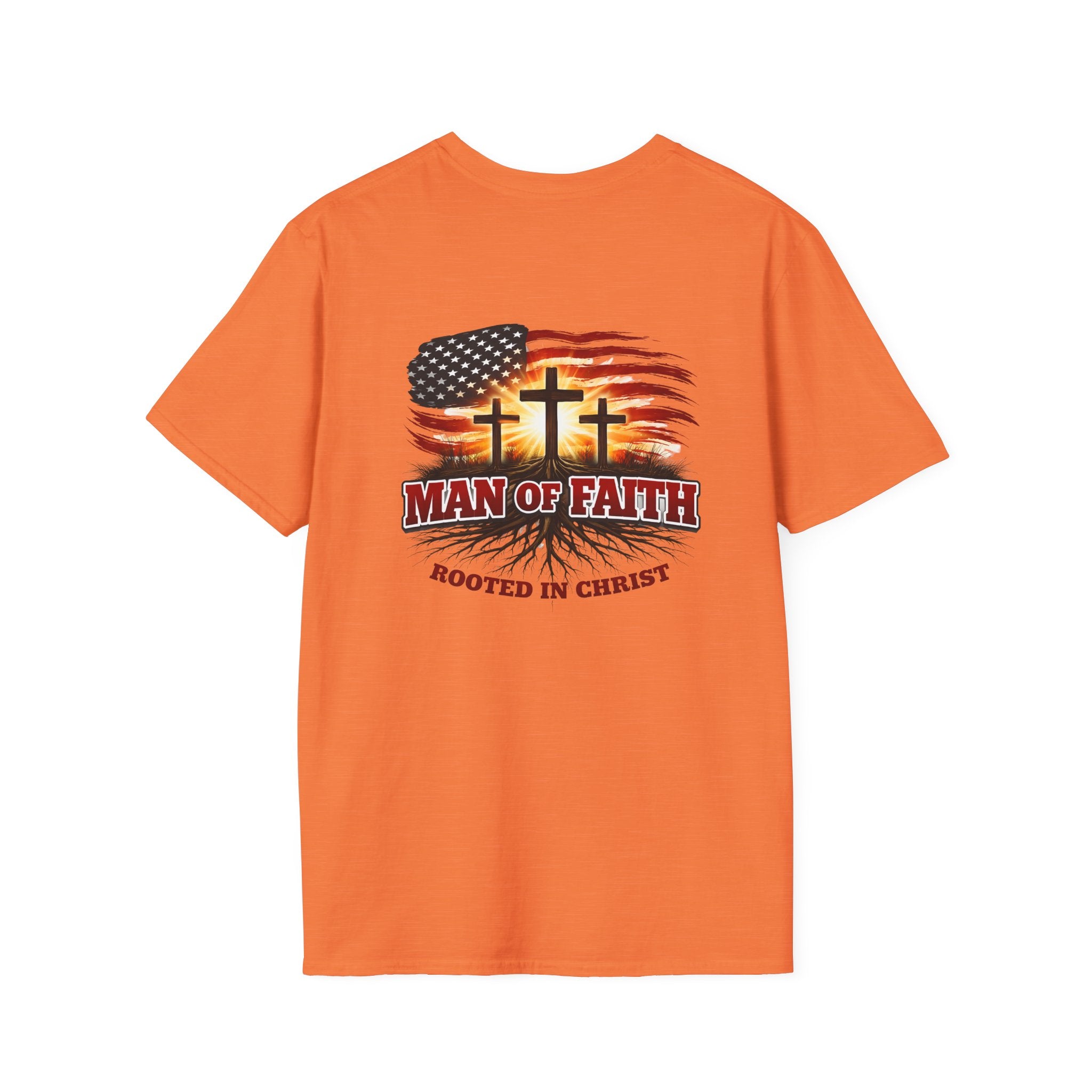 Man of Faith Rooted in Christ T-Shirt — Christian Gift for Him Flag & Cross Back Print Graphic Tee