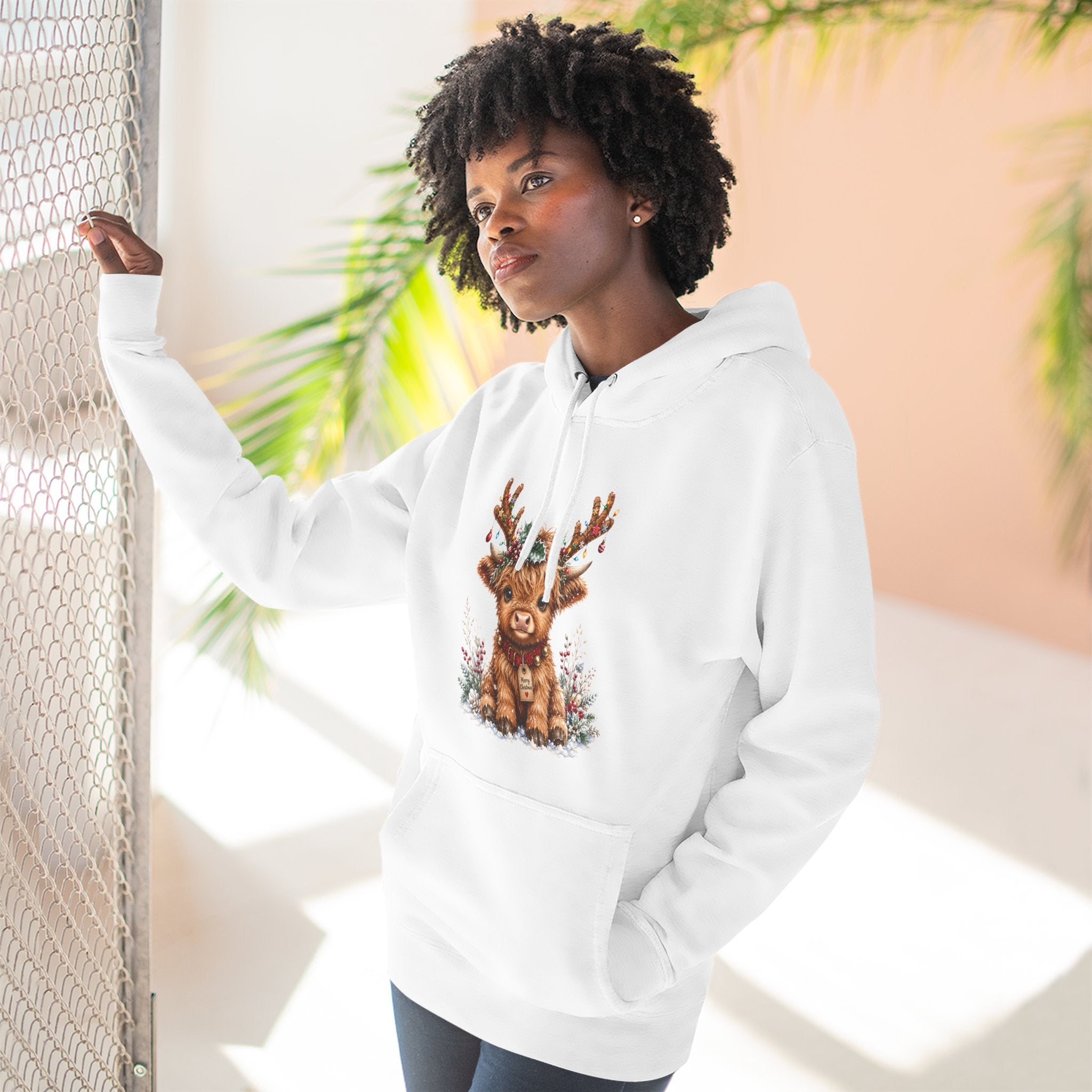 Cute Reindeer Fleece Hoodie - Christmas Woodland Holiday Sweatshirt