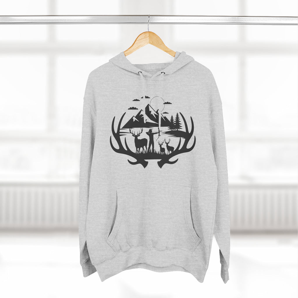 Deer Antler Mountain Hoodie — Rustic Outdoor Gift for Him Wildlife Graphic Pullover