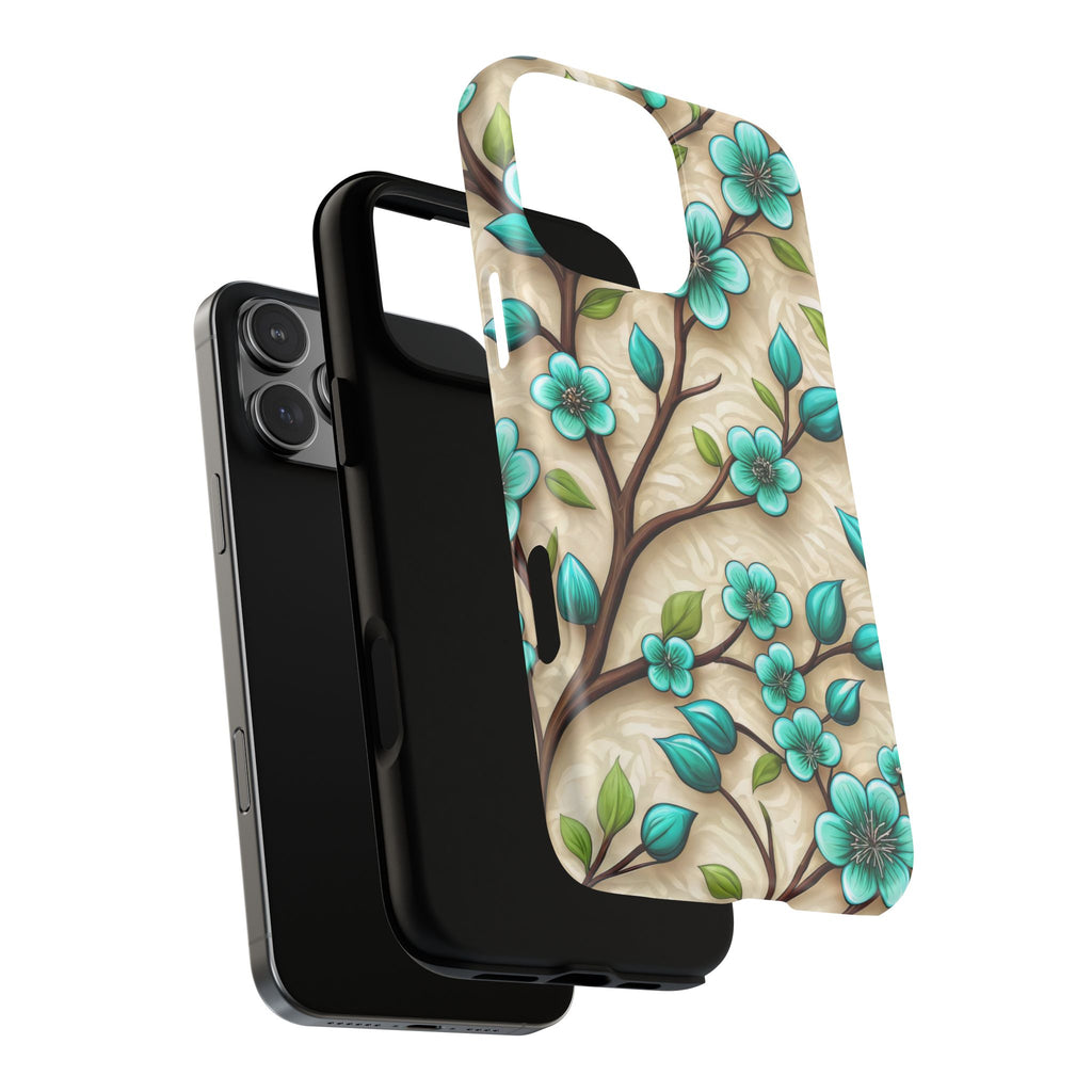 Floral Teal Blossom Tough Magnetic iPhone Case — MagSafe Protective Cover