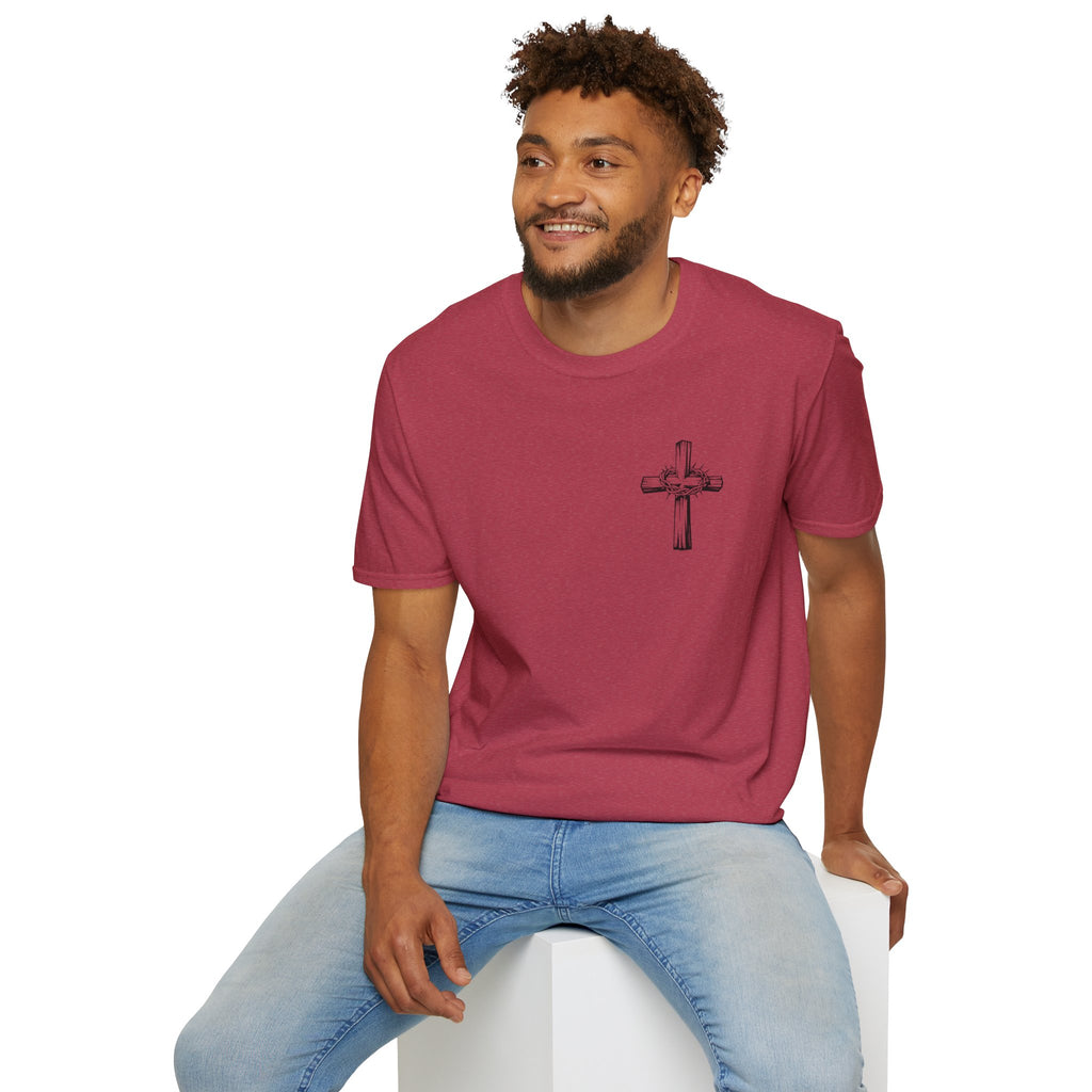 Cross Lion and Jesus Back Print T-Shirt — Wood Cross Chest Christian Faith Graphic