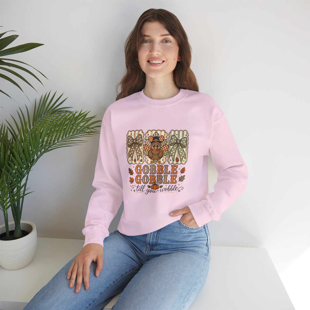 Thanksgiving Crewneck Sweatshirt — "Gobble Gobble 'til You Wobble" Turkey Design