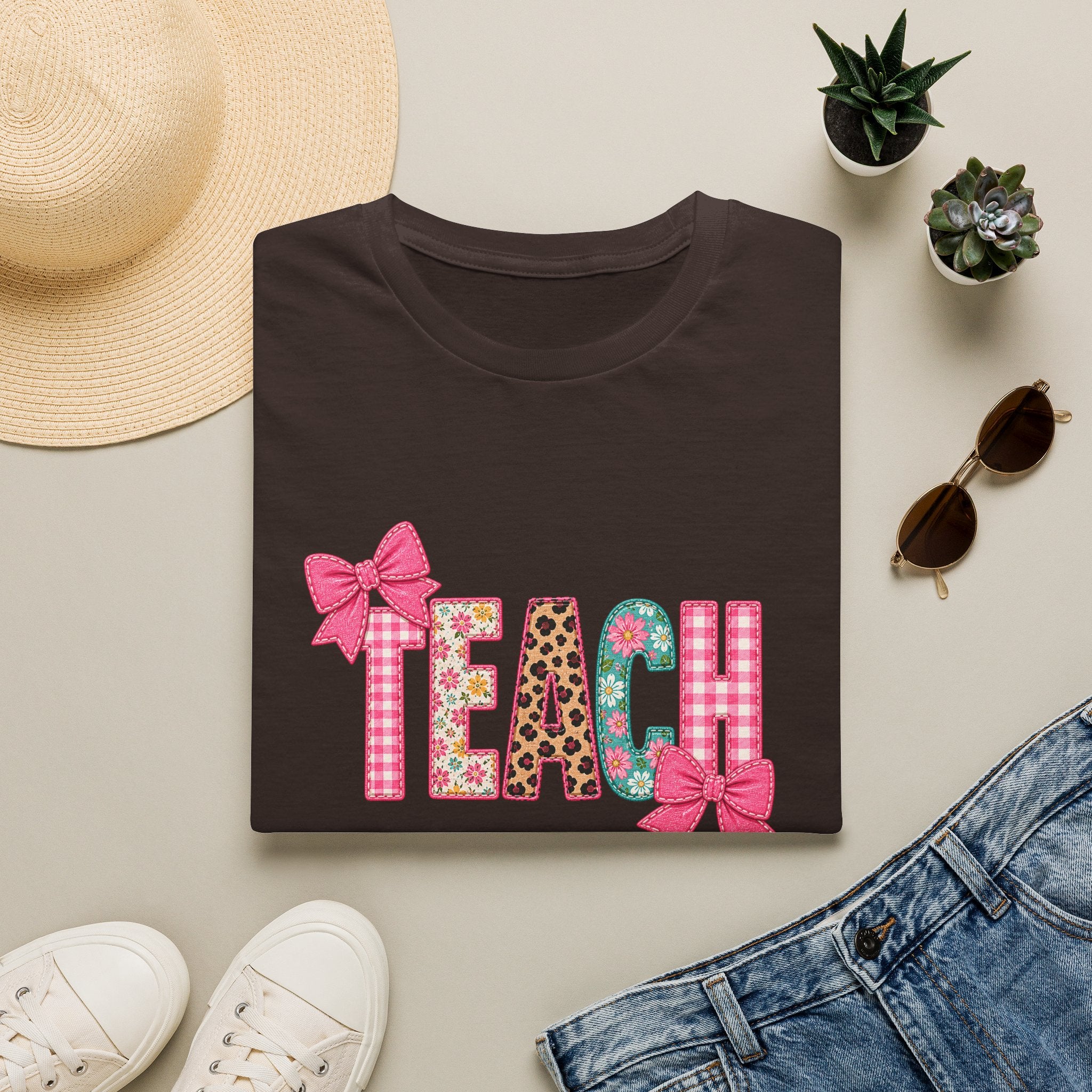 Floral Leopard TEACH T-Shirt — Cute Back-to-School Gift for Teachers Pink Bow Tee