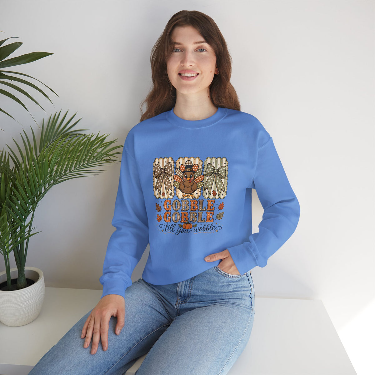 Thanksgiving Crewneck Sweatshirt — "Gobble Gobble 'til You Wobble" Turkey Design