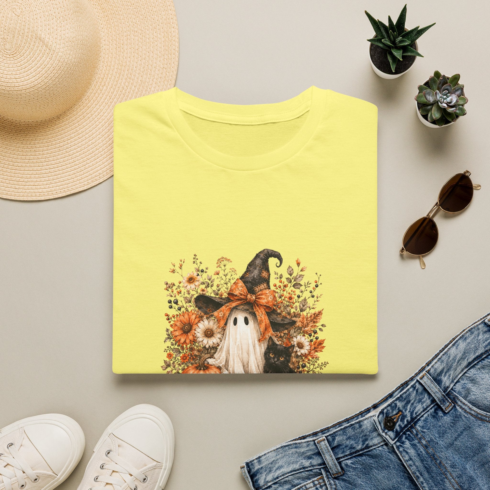 Halloween Witch Ghost & Cat T-Shirt — Cute Spooky Gift for Women Fall Floral Tee