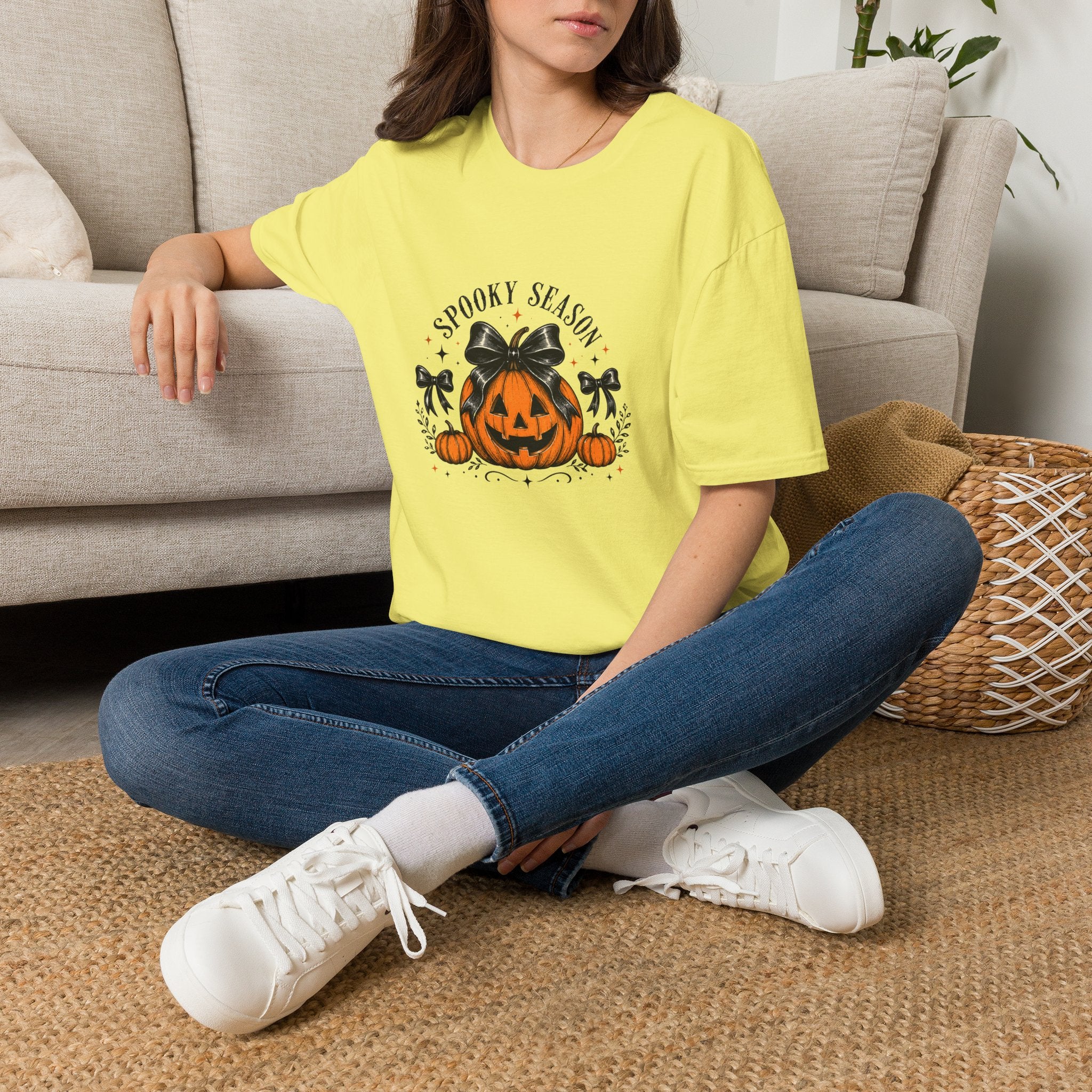 Spooky Season Jack-O'-Lantern Bow T-Shirt — Cute Halloween Gift for Women Graphic Tee