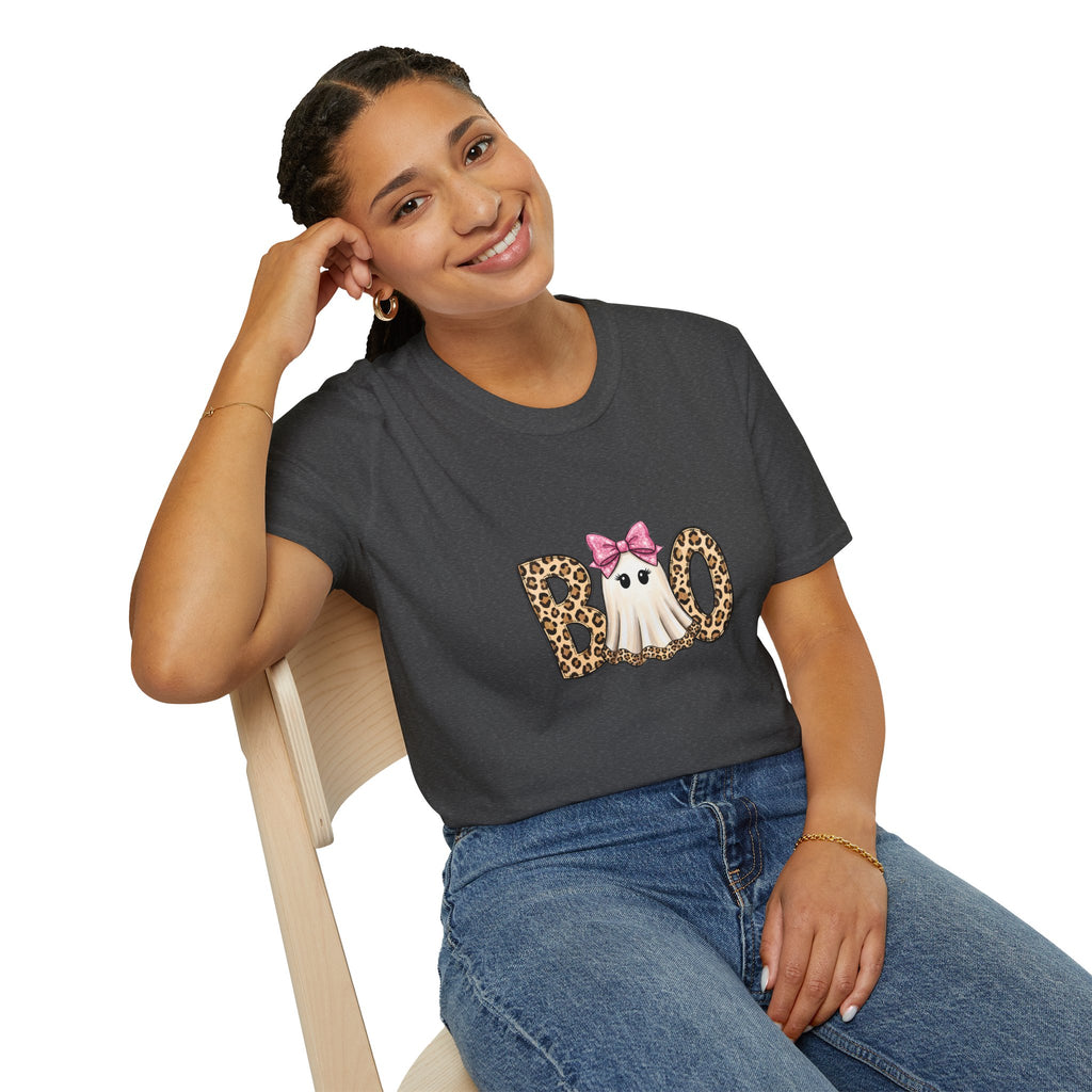 Boo Leopard Ghost T-Shirt — Cute Pink Bow Halloween Gift for Women Graphic Tee