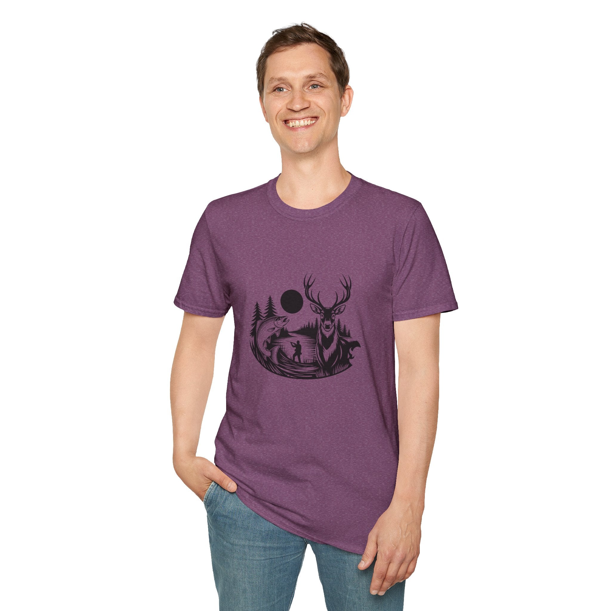 Deer & Fish Forest Silhouette T-Shirt — Rustic Outdoor Gift for Hunters Graphic Tee