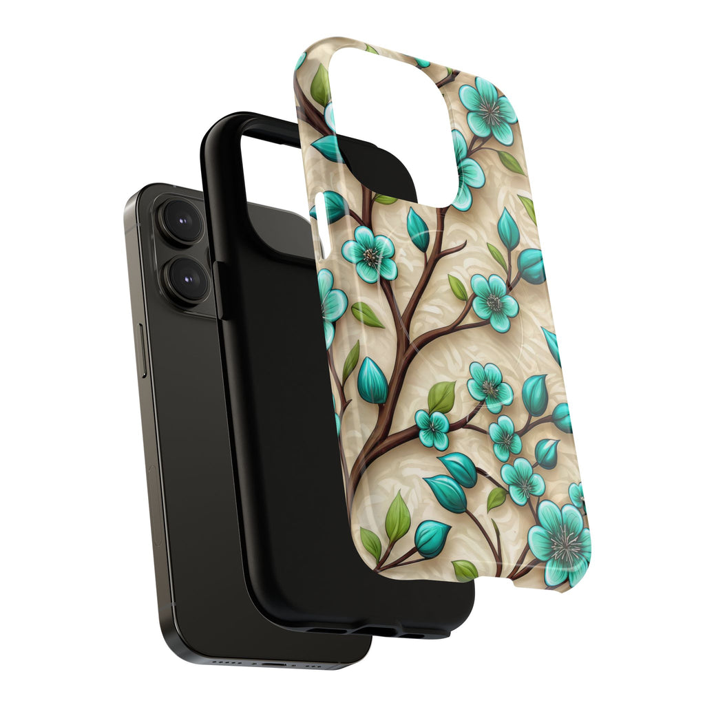Floral Teal Blossom Tough Magnetic iPhone Case — MagSafe Protective Cover