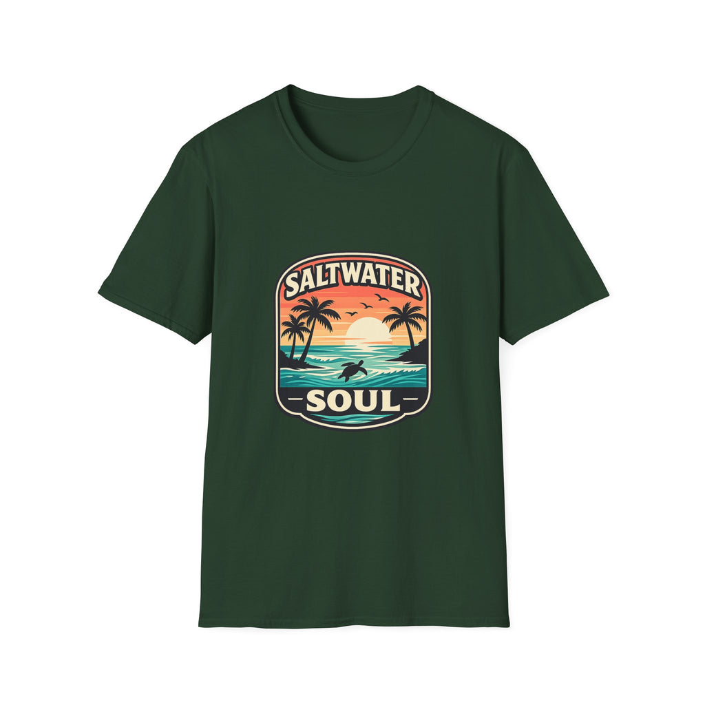 Saltwater Soul Retro Beach T-Shirt — Cute Coastal Gift for Women Sunset Palm Tee