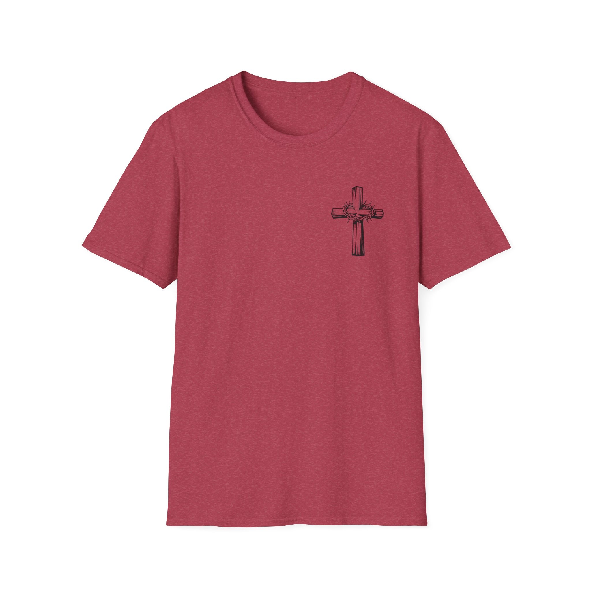 Cross Lion and Jesus Back Print T-Shirt — Wood Cross Chest Christian Faith Graphic