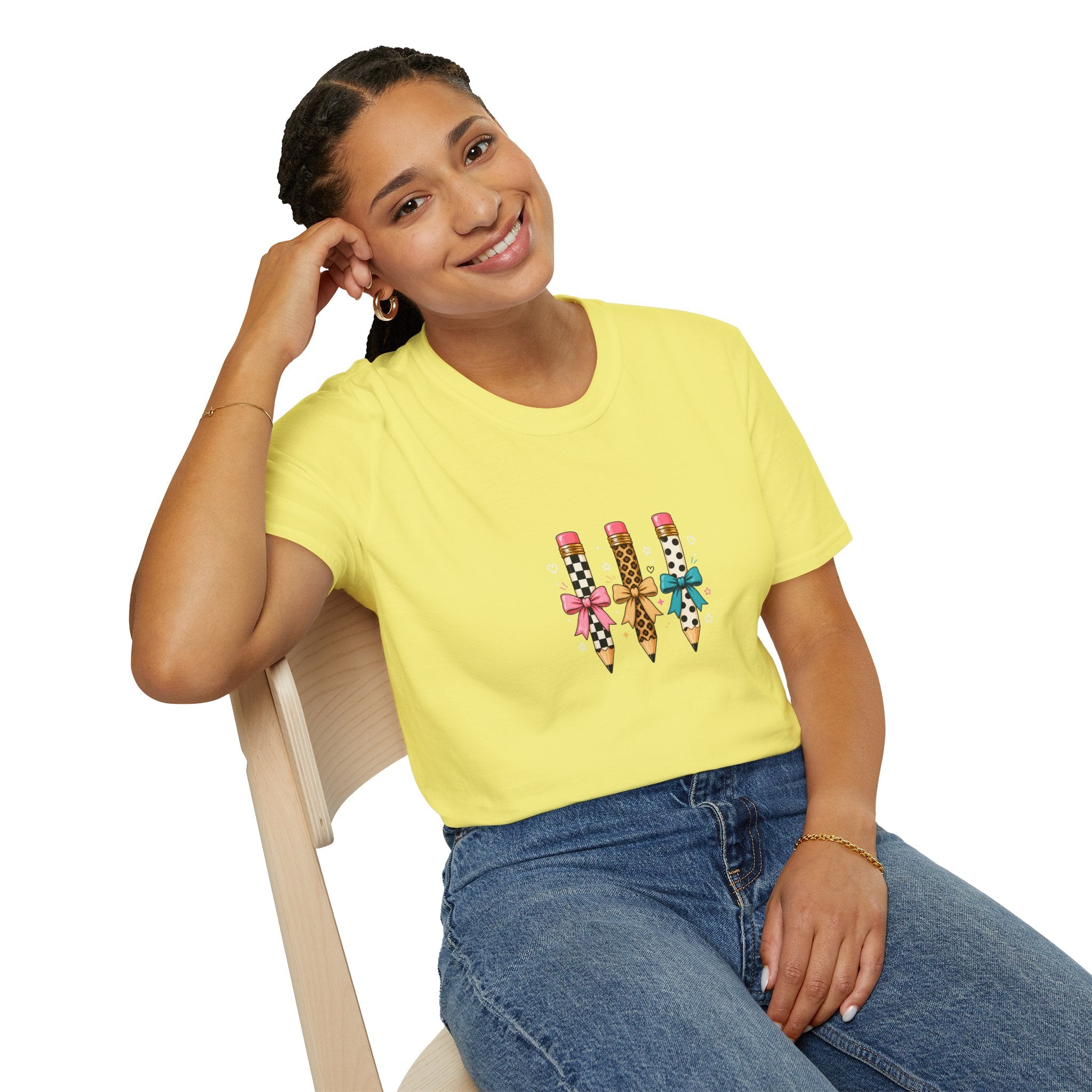 Pencil Trio Graphic T-Shirt — Cute Patterned Pencils with Bows
