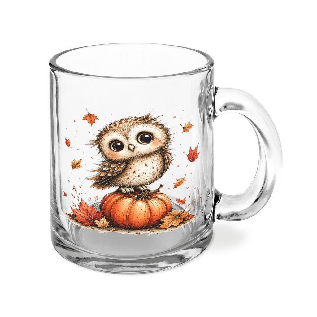 Autumn Owl Glass Mug — Cute Owl on Pumpkin Fall Coffee Cup (10oz)