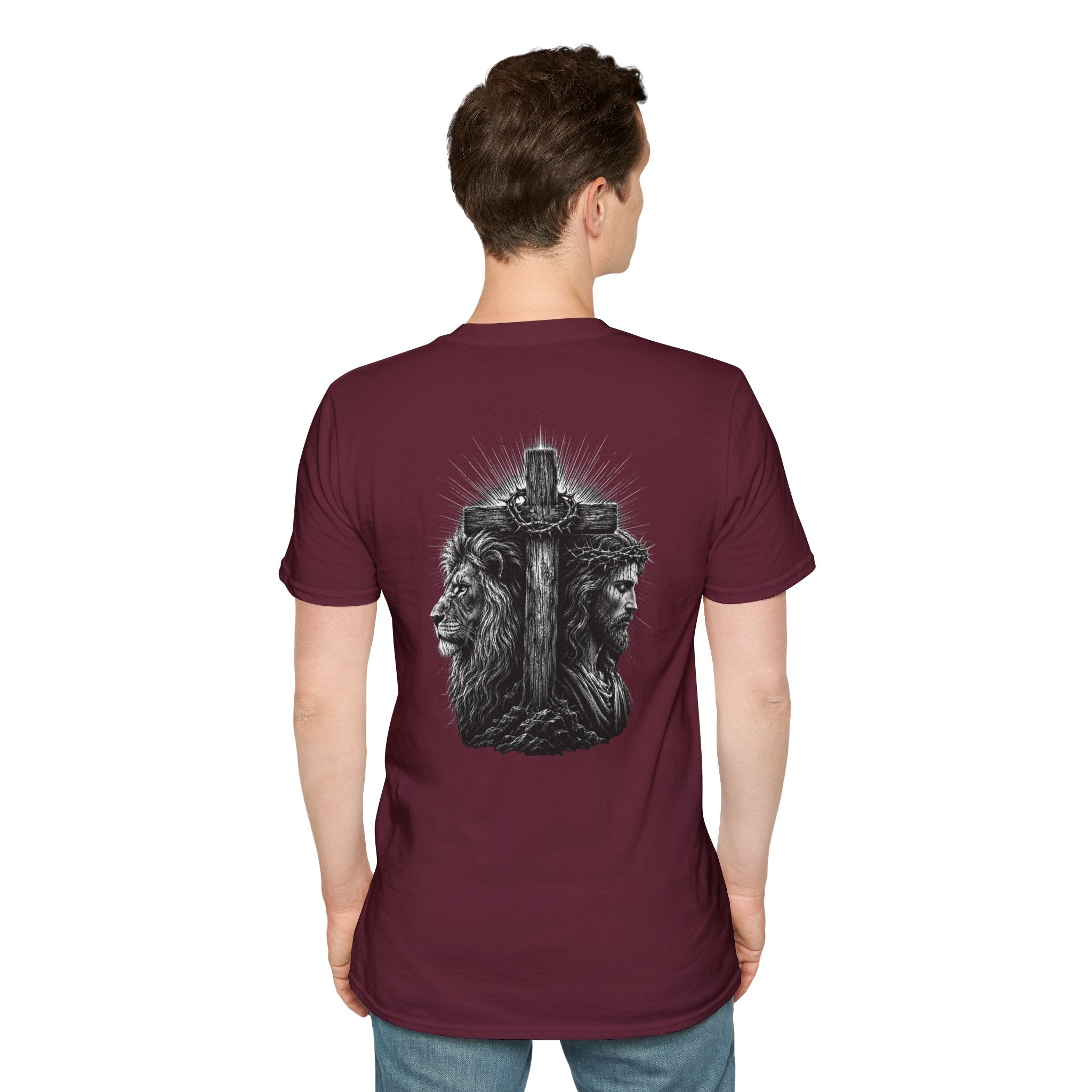 Cross Lion and Jesus Back Print T-Shirt — Wood Cross Chest Christian Faith Graphic